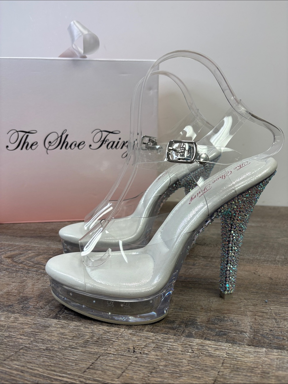 The Shoe Fairy Fantasy Olympian Rhinestone Platform Heels Clear Size 8